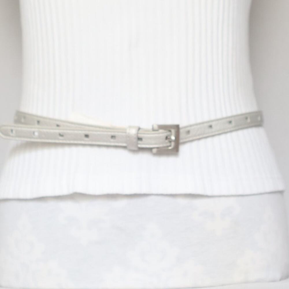💎Skinny Leather Lined Belt Square Punch Hole Throughout Pearly Gray Faux Leather